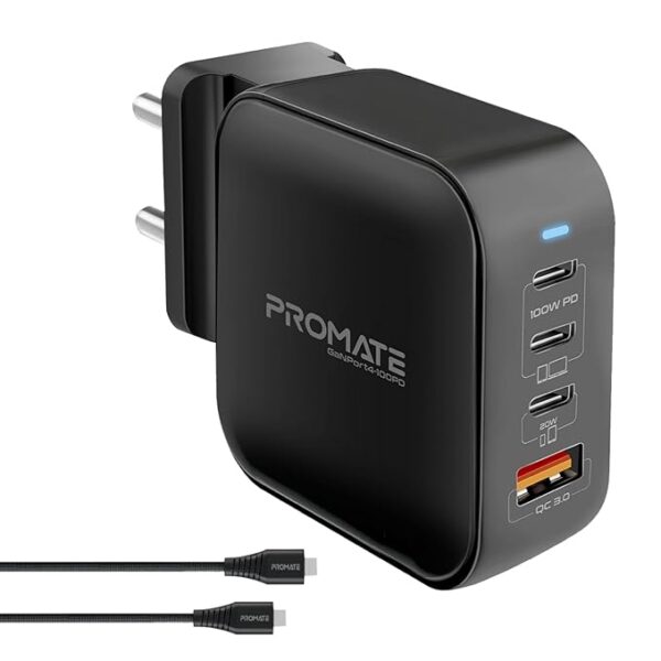 Promate 100W Gan Charger Adapter | 4-Ports GaN PD Wall Charger with 2 Type-C 100W Laptop Charger, 20W PD USB-C and 18W QC 3.0 Port for MacBook Pro Air, iPad Pro, iPhone 13, 12, Galaxy S9