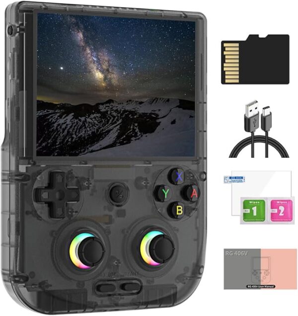 RG406V Android 13 Handheld Game Console 4\" HD IPS 8GB RAM 128GB Storage RGB Lighting Game Player 5500mAh Battery Multi-Format Game Support(Black Transparent)