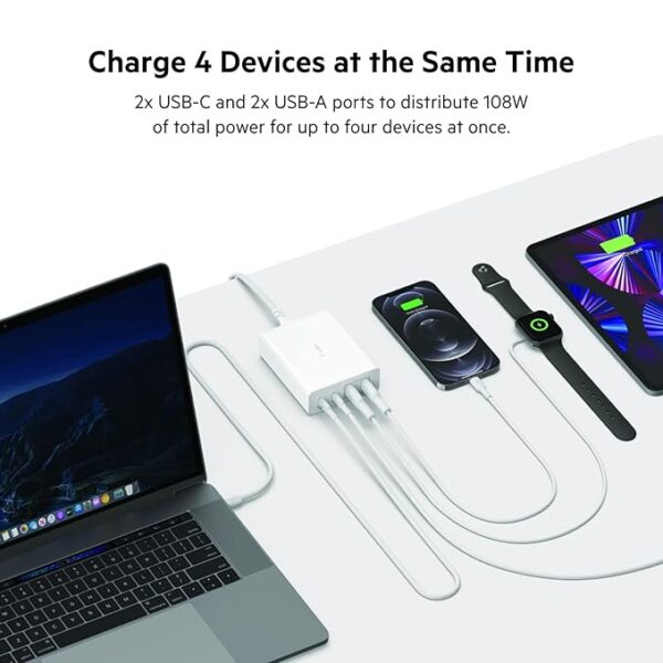 Belkin 108W GaN USB Charging Station for Multiple Devices, 2 Type C + 2 Type A Ports Fast Desktop Charger Dock Hub for iPhone, Apple Watch, iPad Pro, Air, Mini, MacBook Pro 16” 14” and Air - White - Image 6