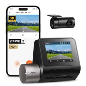 70mai A510 HDR 3K Dash Cam, STARVIS 2 IMX675 Sensor, ADAS, Built-in GPS Logger, Route Recorder, MaiColor Vivid+ with Night Owl Vision, App Playback & Share, With Rear  Parking  Camera