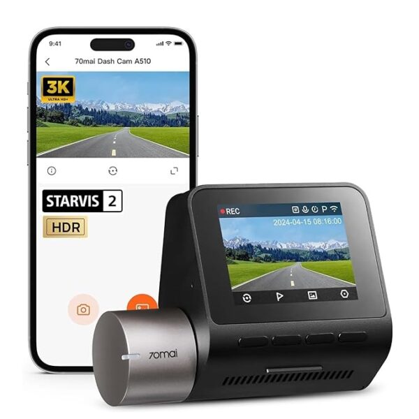 70mai A510 HDR 3K Dash Cam, STARVIS 2 IMX675 Sensor, ADAS, Built-in GPS Logger, Route Recorder, MaiColor Vivid+ with Night Owl Vision, App Playback & Share, Optional Parking Monitoring