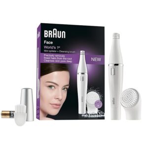 Braun Face 810 Mini Facial Epilator for Women, Cleansing Brush with Micro-Oscillations, Precise Root Hair Removal, Slim Head, Pore-Deep Cleansing, Cordless, White