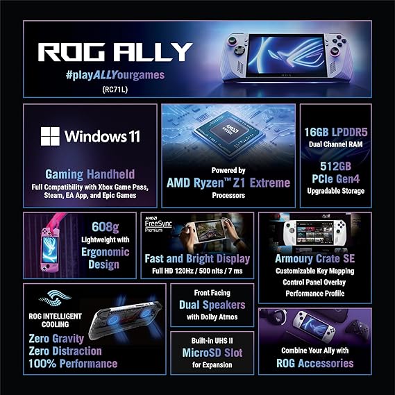 ASUS ROG Ally, AMD Ryzen Z1 Extreme, 16GB RAM, 512GB SSD, 7\"/17.78cm, 120Hz, Windows 11 Home, White, RC71L-NH001W-Sealed Pack - Image 2