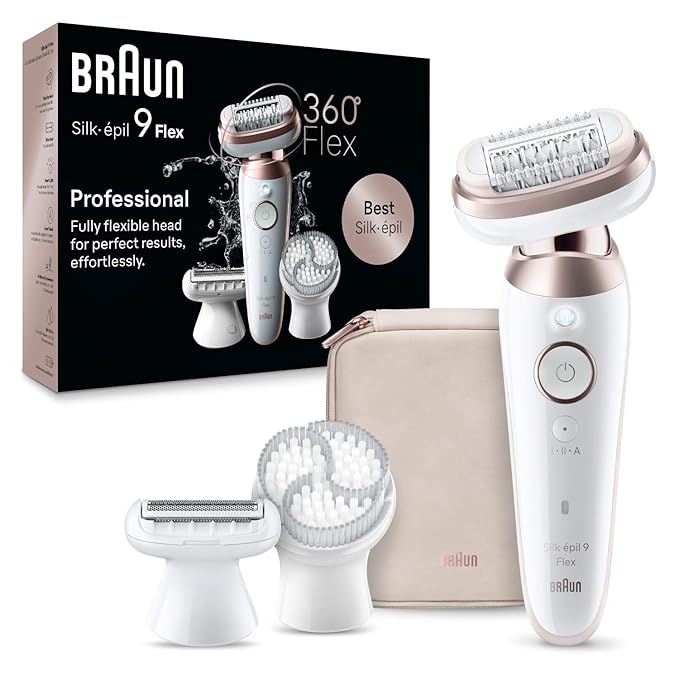 Braun Silk-Epil 9 Flex Epilator for Women, Fully Flexible Head, Anti-Slip Grip, SensoSmart Technology, Micro-Grip Tweezer, Deep Body Exfoliation Brush, Smooth Skin for Weeks, Ergonomic Handle