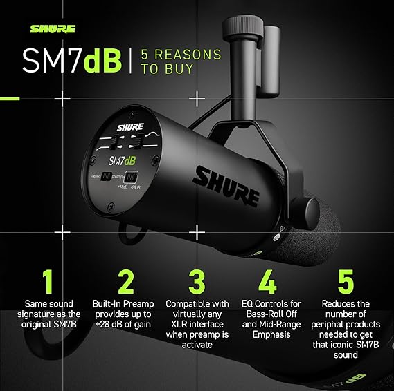 Shure SM7dB Dynamic Vocal Microphone w/Built-in Preamp for Streaming, Podcast, & Recording, Wide-Range Frequency, Warm & Smooth Sound, Rugged Construction, Detachable Windscreen - Black - Image 4